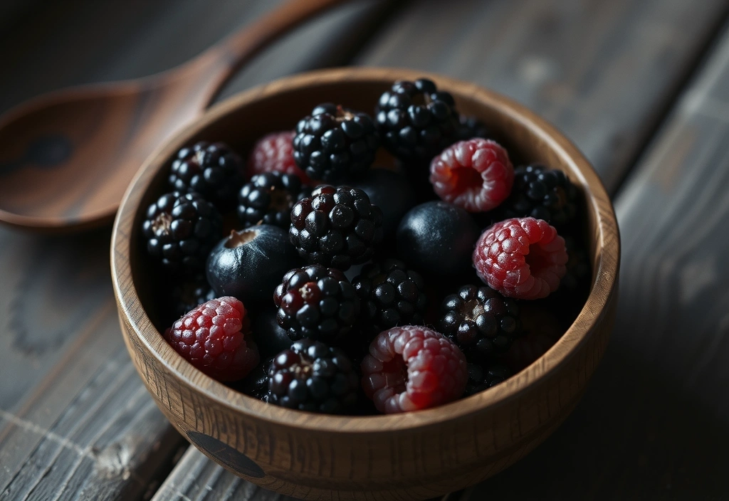 Dunkle Beeren in Holzschale